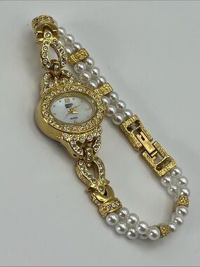 Gruen Gold Crystal & Pearl Bracelet Watch